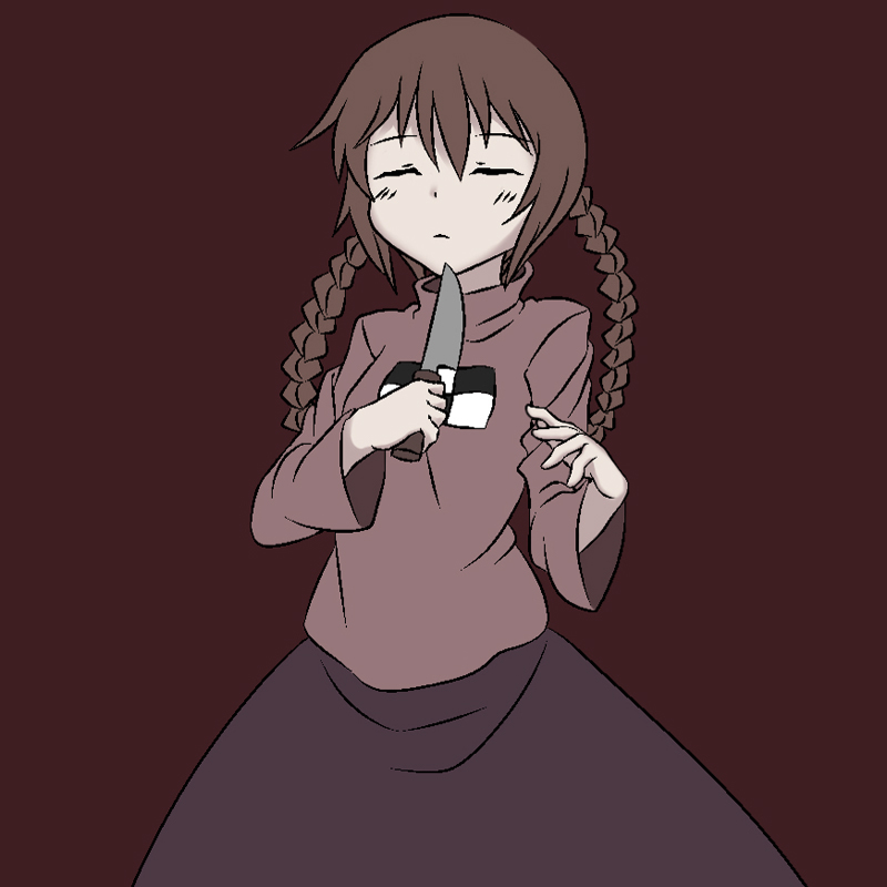 brown_hair, closed_eyes, gyo, knife, madotsuki, twin_braids, yume_nikki