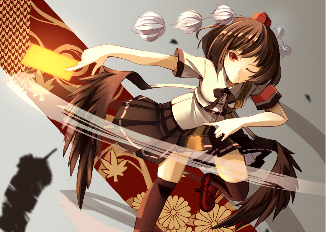 1girl, black_hair, black_wings, clere, feathers, geta, hat, looking_at_viewer