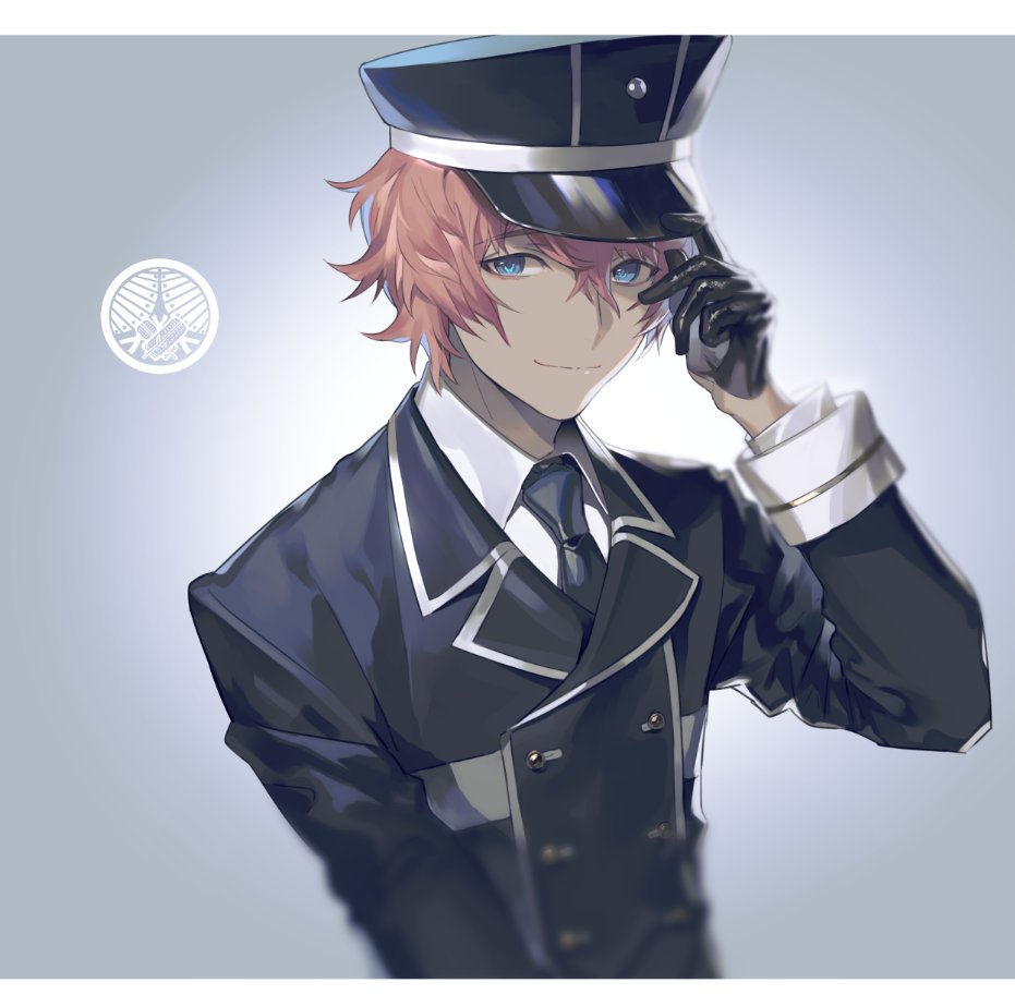 1boy, akita_toushirou, blue_eyes, gloves, hat, looking_at_viewer, male_focus, military, military_uniform, necktie, older, pink_hair, short_hair, simple_background, solo, touken_ranbu, tuke_omio, uniform
