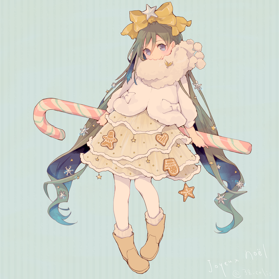 1girl, alternate_costume, boots, bow, candy, candy_cane, colis, commentary_request