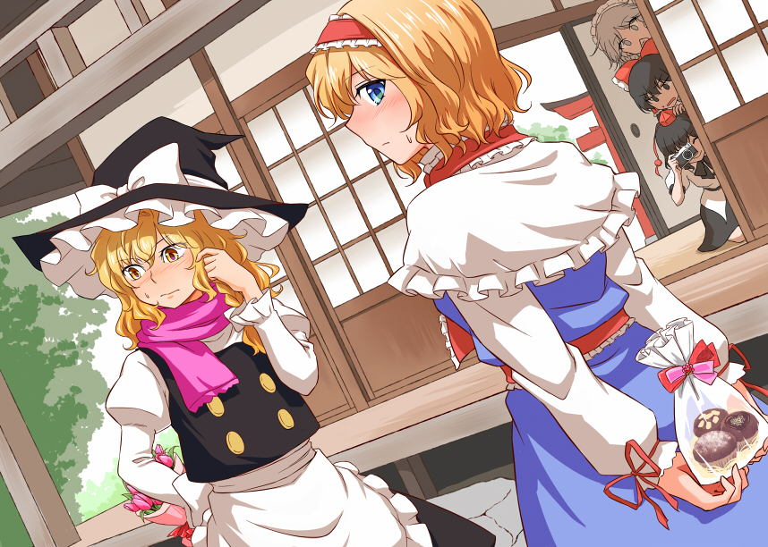 5girls, alice_margatroid, apron, architecture, behind_cover, black_hair, blonde_hair, blue_eyes