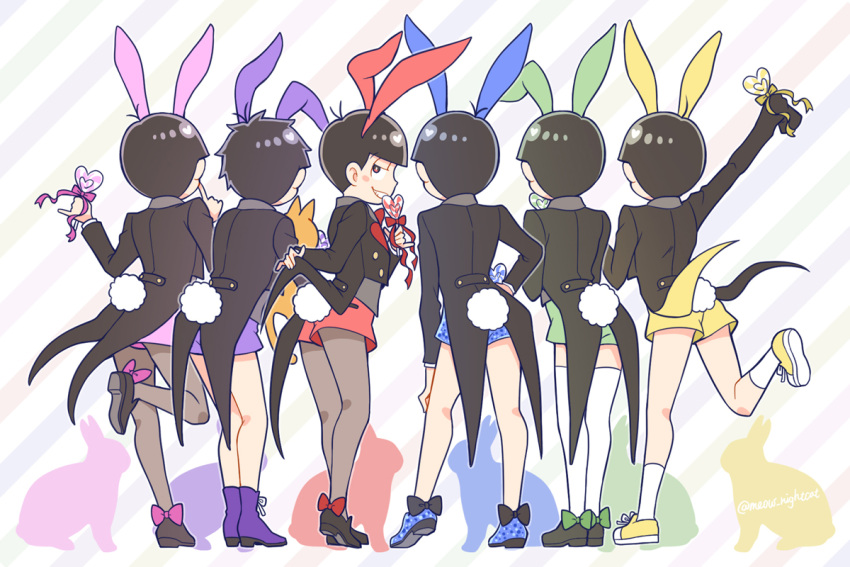 6+boys, animal_ears, black_legwear, bow, brothers, brown_eyes, brown_hair, bunny_boy