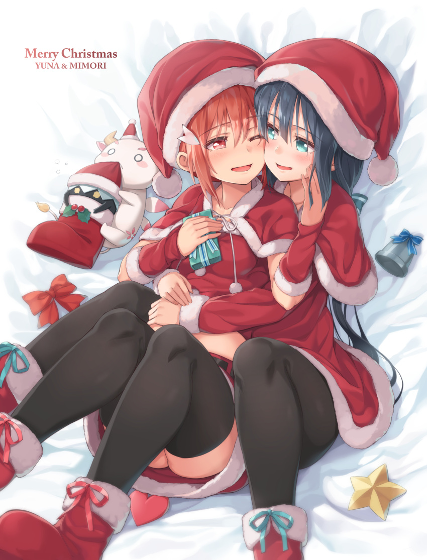 2girls, :d, ;d, absurdres, alternate_costume, aobouzu_(yuyuyu), arm_warmers, ass, bell, black_hair, black_legwear, blush, boots, box, capelet, character_name, cheek-to-cheek, christmas, christmas_stocking, commentary_request, dress, fur_trim, gift, gift_box, green_eyes, gyuuki_(yuyuyu), hair_ornament, hair_ribbon, hat, heart, highres, hug, hug_from_behind, knees_together_feet_apart, long_hair, looking_at_another, merry_christmas, michairu, multiple_girls, navel, one_eye_closed, open_mouth, pantyhose, red_dress, red_eyes, redhead, ribbon, santa_costume, santa_hat, sitting, smile, star, thigh-highs, tougou_mimori, yuri, yuuki_yuuna, yuuki_yuuna_wa_yuusha_de_aru, yuusha_de_aru