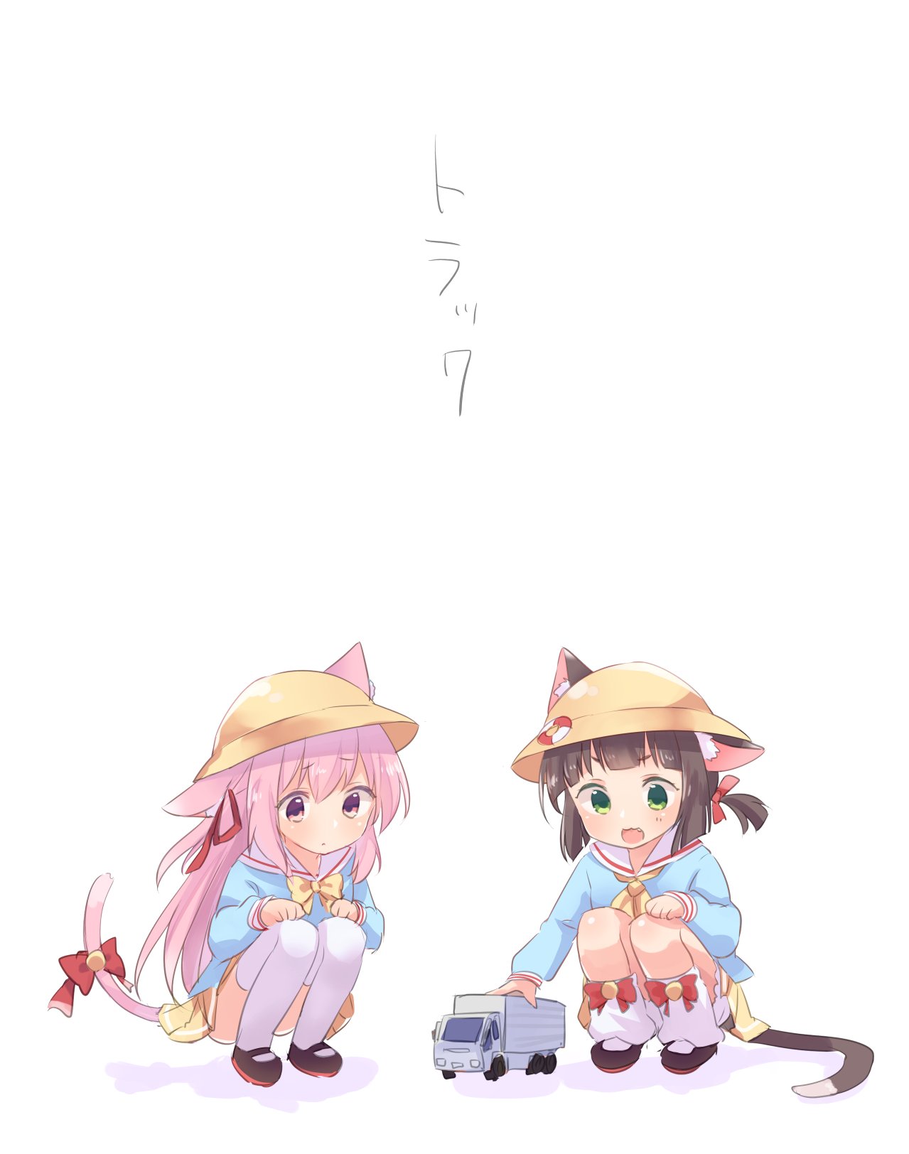 2girls, animal_ears, azur_lane, bell, blue_shirt, brown_hair, cat_ears, cat_tail