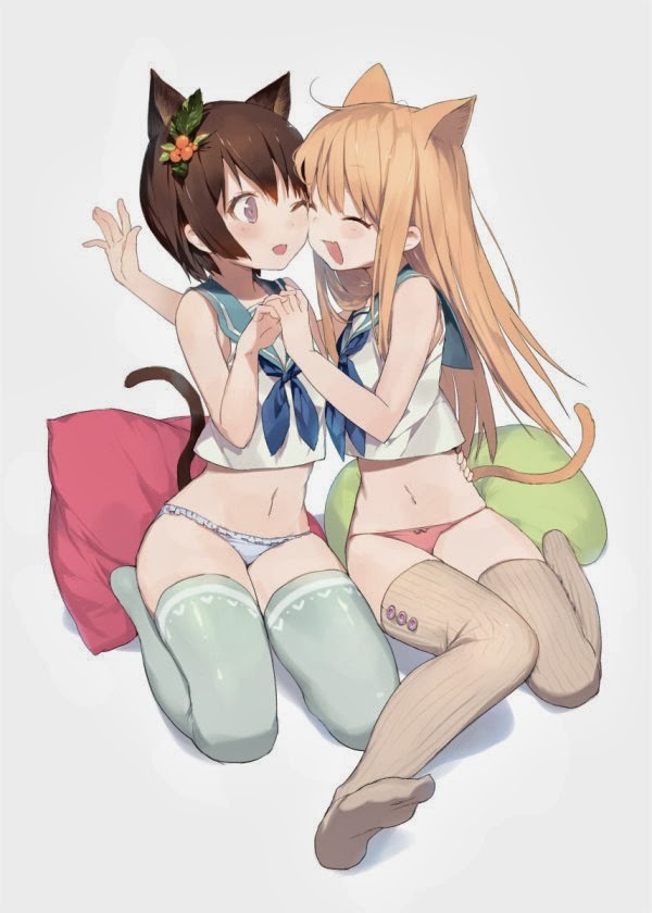 2girls, animal_ears, aqua_legwear, bangs, blue_neckwear, blue_sailor_collar, brown_hair, buttons