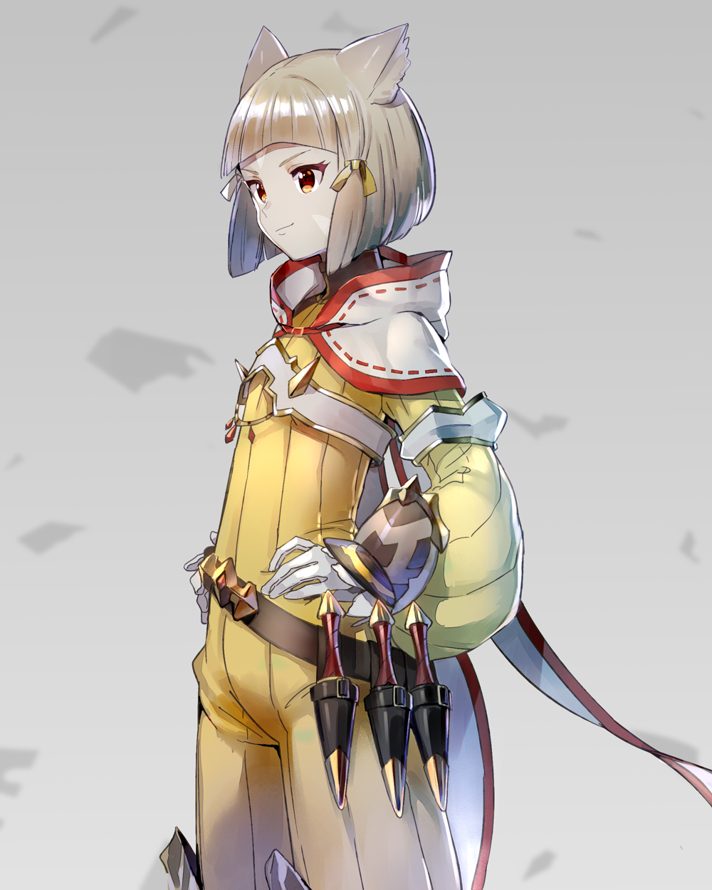 1girl, animal_ears, bangs, blunt_bangs, bodysuit, cat_ears, eyebrows, gloves, highres, hood, long_sleeves, niyah, short_hair, silver_hair, simple_background, smile, solo, toraziron, white_gloves, xenoblade, xenoblade_2, yellow_bodysuit, yellow_eyes