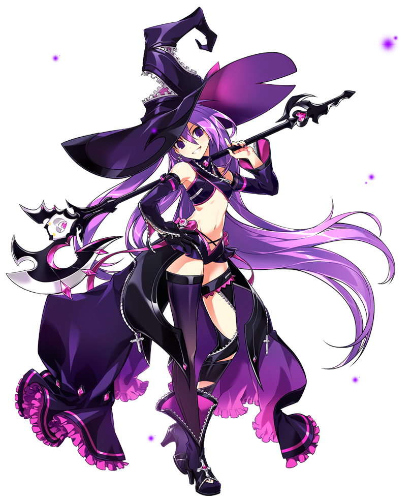 1girl, aisha_(elsword), artist_request, black_footwear, black_gloves, black_hat, black_legwear, detached_sleeves, elbow_gloves, elsword, frills, full_body, gloves, grin, hand_on_hip, hat, holding, holding_staff, long_hair, looking_at_viewer, mismatched_legwear, official_art, over_shoulder, oz_sorcerer_(elsword), purple_hair, shoes, short_shorts, shorts, single_elbow_glove, smile, solo, staff, standing, thigh-highs, very_long_hair, violet_eyes, witch_hat