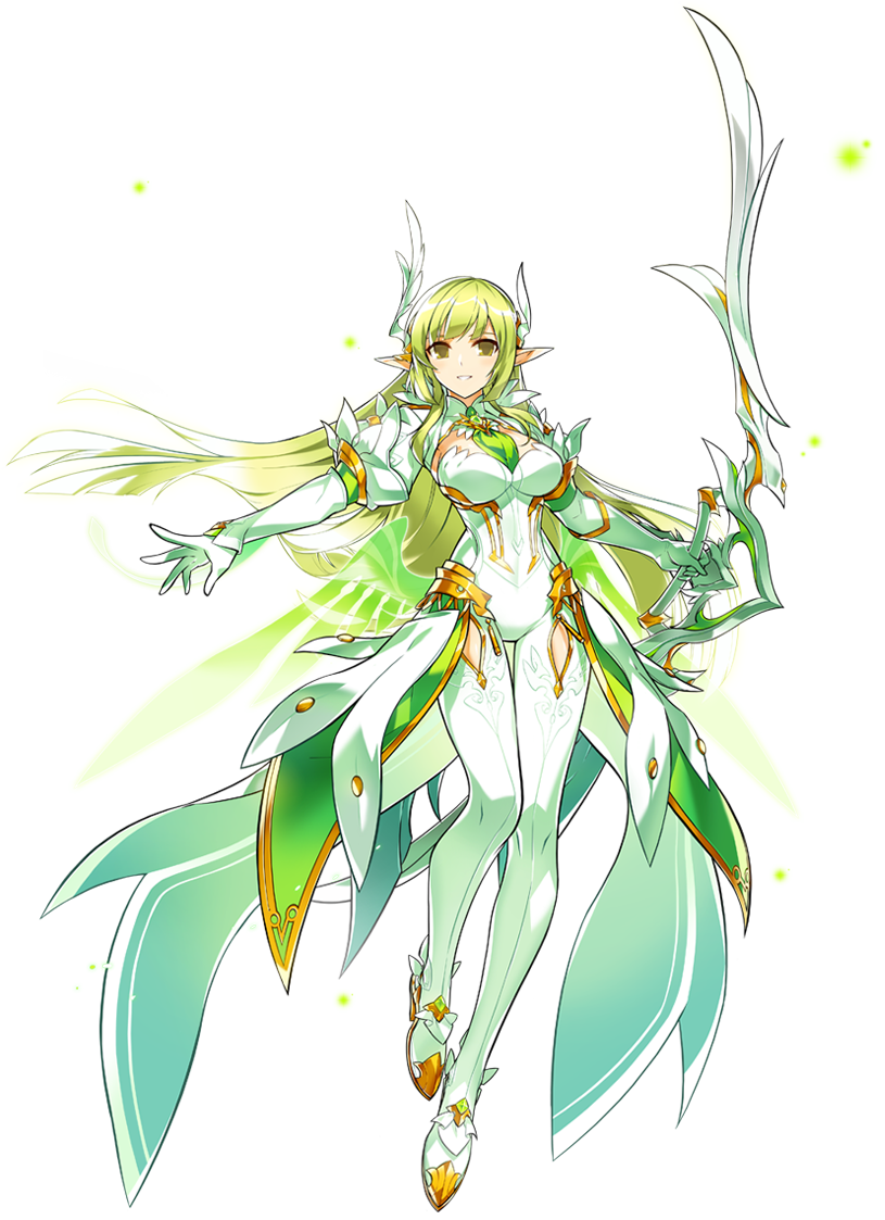 1girl, artist_request, bodysuit, bow_(weapon), daybreaker_(elsword), elbow_gloves, elsword, full_body, gloves, green_eyes, green_hair, green_neckwear, green_wings, holding_bow, legs, long_hair, looking_at_viewer, necktie, official_art, pointy_ears, rena_(elsword), skin_tight, smile, solo, thigh_gap, weapon, white_bodysuit, white_gloves, wings