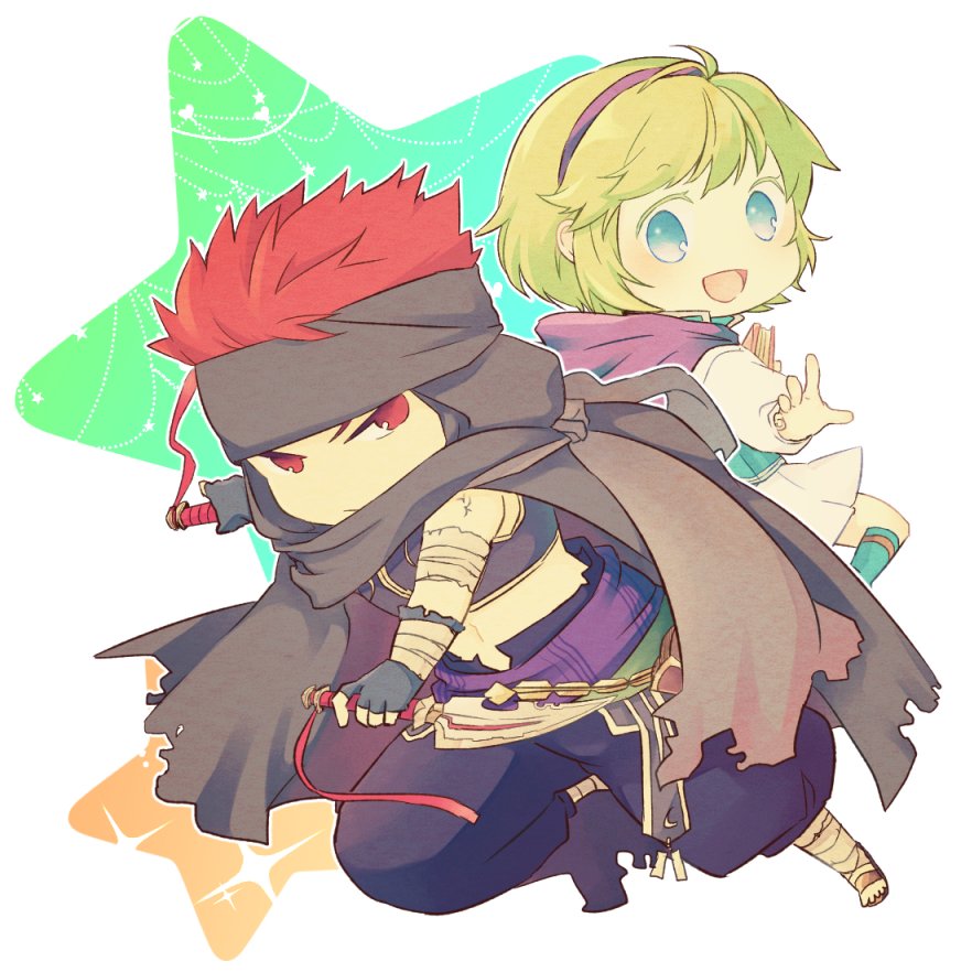 1boy, 1girl, blue_eyes, blush, book, boots, cape, chibi