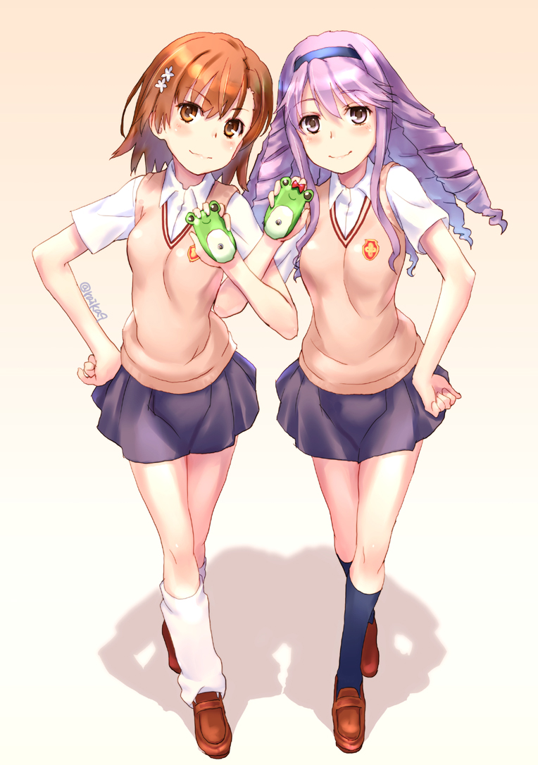 2girls, astral_buddy, blue_hairband, brown_eyes, brown_hair, brown_sweater, cellphone, drill_hair