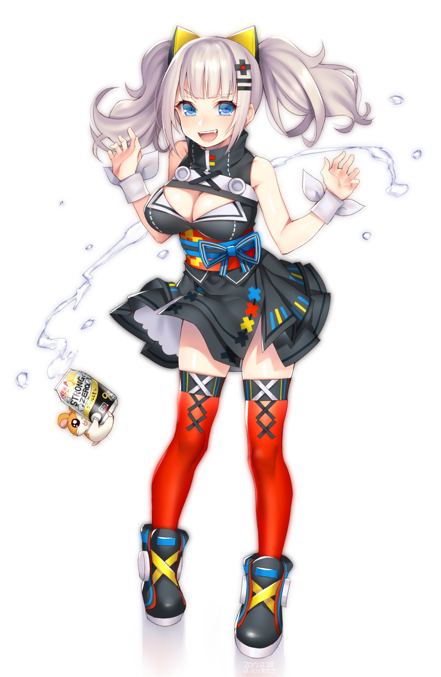 1girl, :d, black_skirt, blue_eyes, blush, breasts, can, cleavage