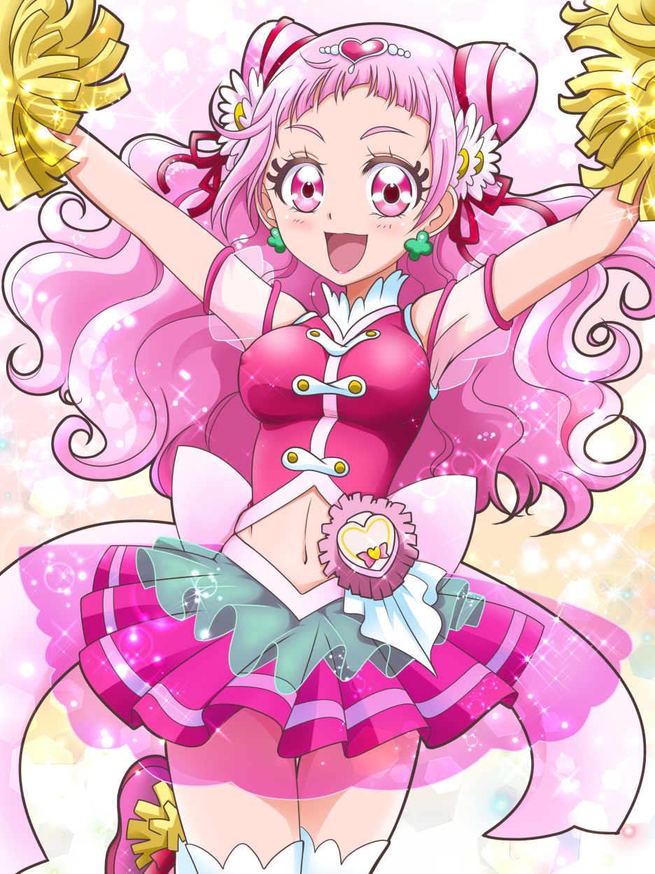 1girl, :d, armpits, cowboy_shot, cure_yell, double_bun, earrings, flower