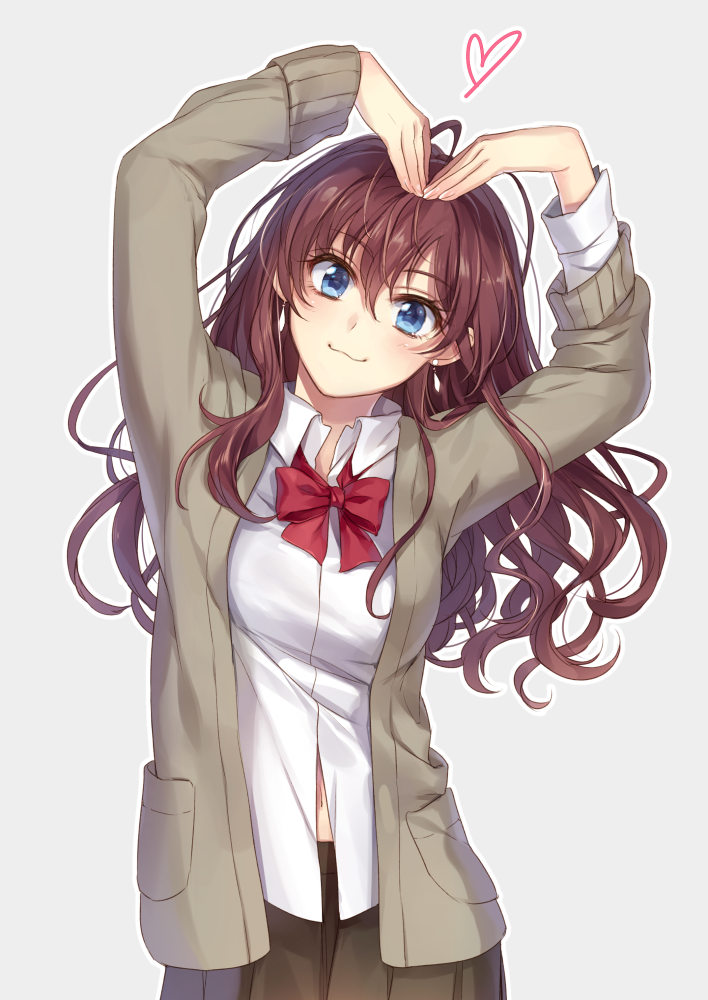 1girl, :3, ahoge, bangs, blouse, blue_eyes, bow, bowtie
