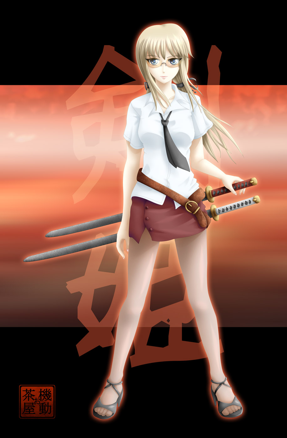 blonde_hair, blue_eyes, glasses, green_eyes, hair_ornament, high_heels, highres, long_hair, miniskirt, necktie, ochaya, pantyhose, shikabane_hime, shoes, skirt, sword, todoroki_kamika, toes, twintails, weapon