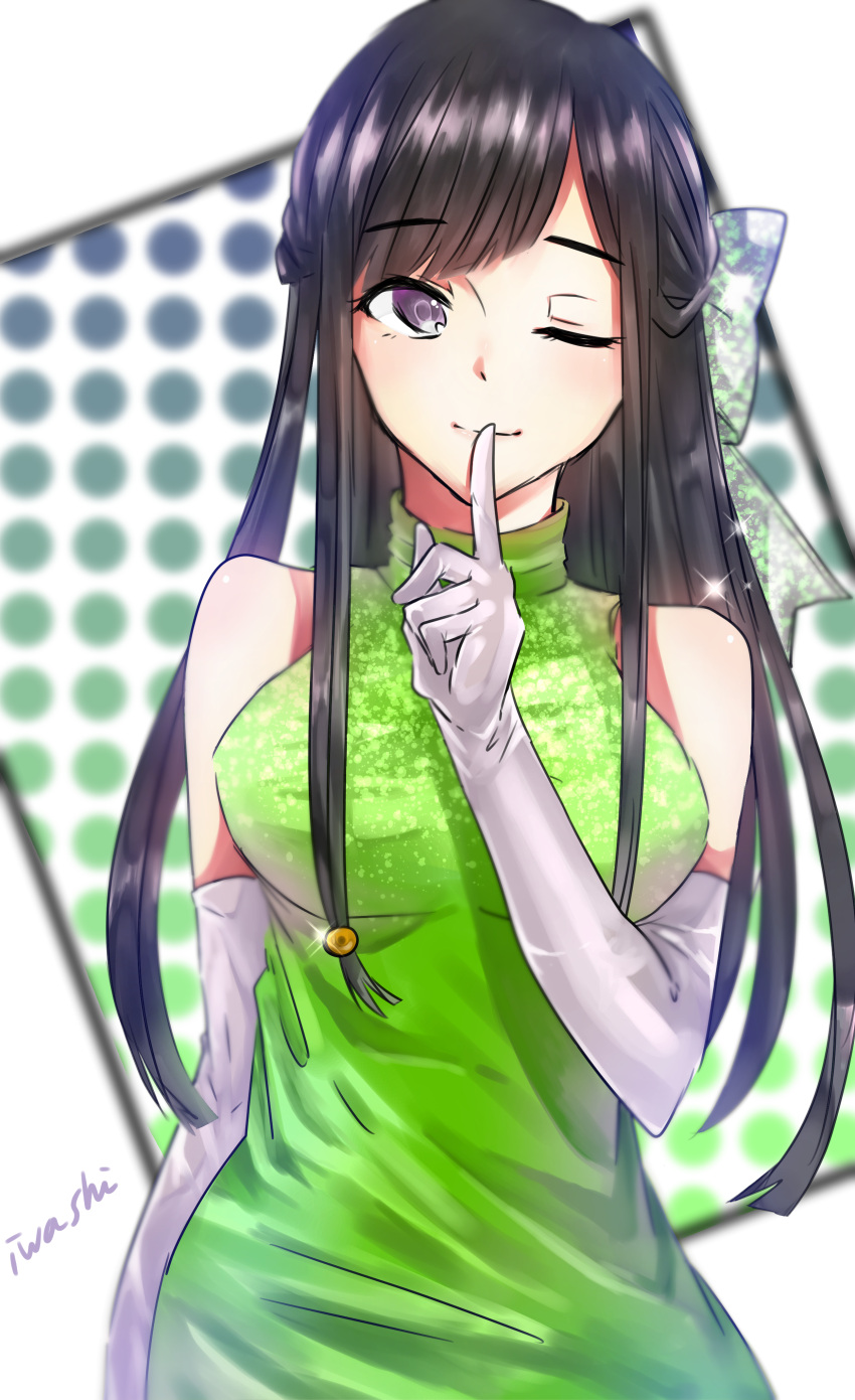 1girl, absurdres, bare_shoulders, black_hair, bow, breasts, dress, elbow_gloves