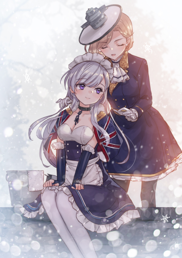2girls, :d, azur_lane, bangs, belfast_(azur_lane), between_breasts, black_dress, black_gloves