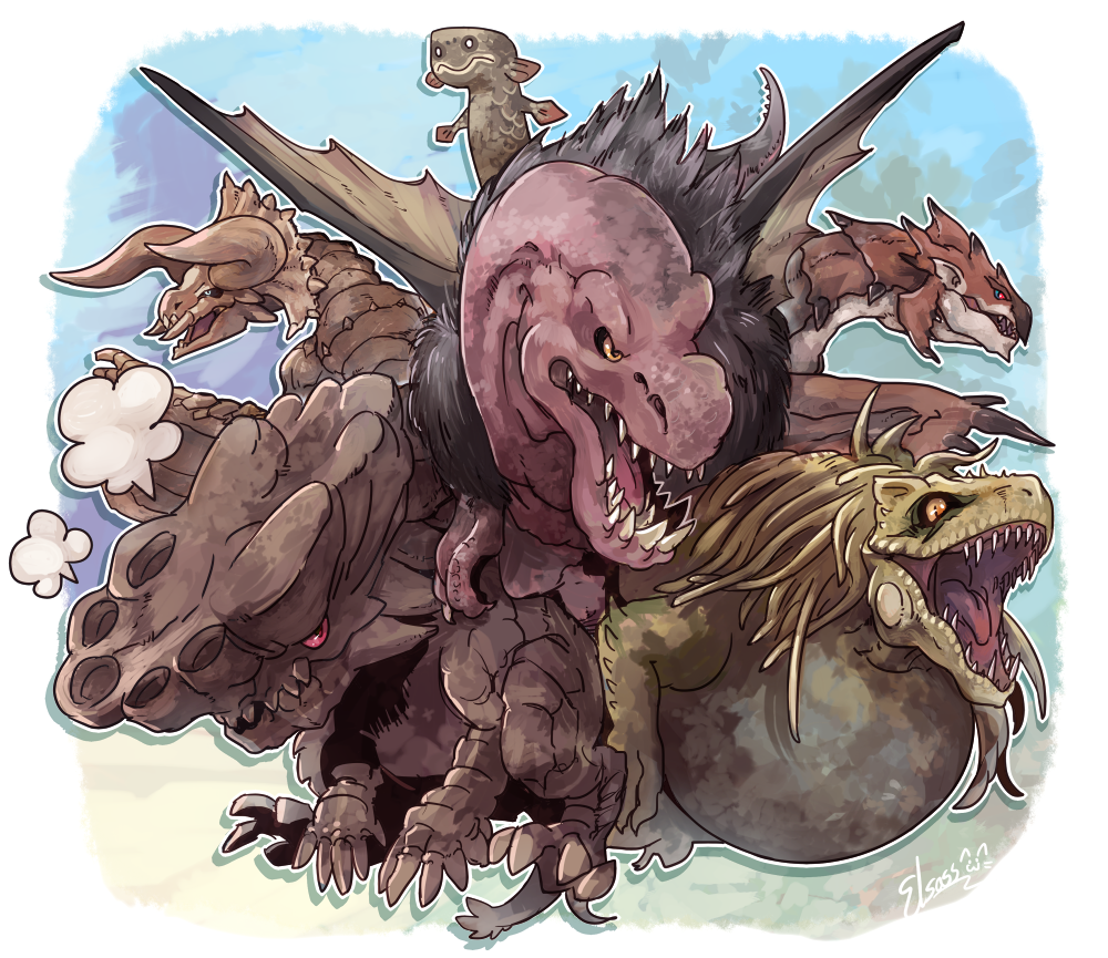 anjanath, barroth, blue_eyes, chibi, claws, closed_mouth, diablos, dragon