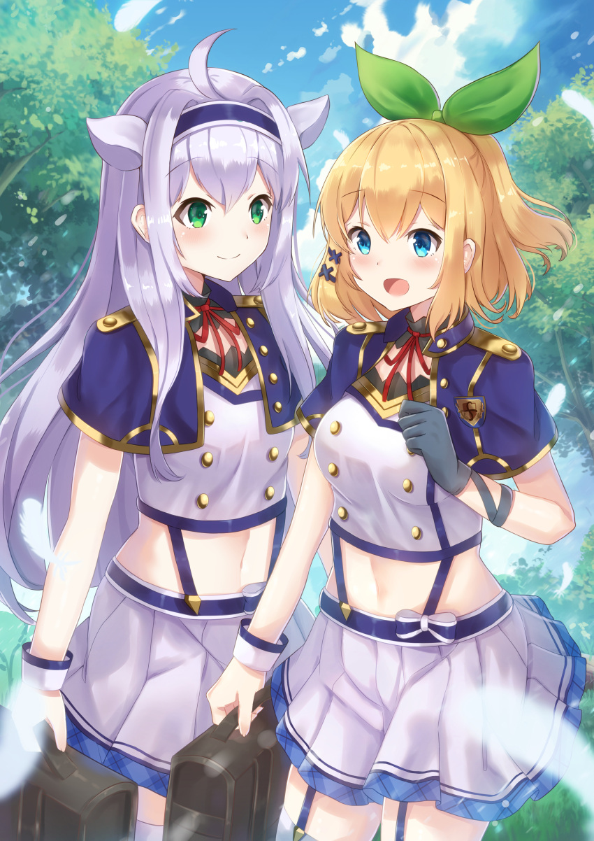 2girls, :d, absurdres, alzano_school_uniform, bangs, blonde_hair, blue_capelet, blue_eyes