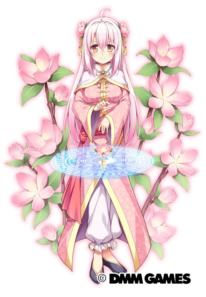 1girl, ahoge, black_footwear, closed_mouth, flower, flower_knight_girl, full_body, hair_flower, hair_ornament, karin_(flower_knight_girl), kokutou_(kazuakifca), long_hair, looking_at_viewer, magic_circle, object_namesake, official_art, pants, pink_hair, shawl, shoes, smile, solo, standing, white_pants, yellow_eyes