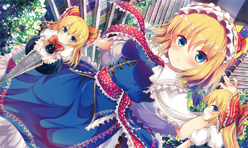 3girls, :o, alice_margatroid, apron, arm_up, black_dress, blonde_hair, blue_dress