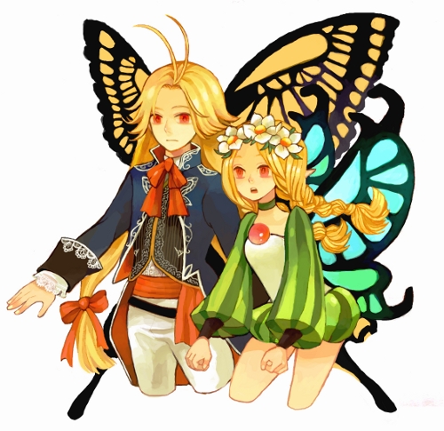 1boy, 1girl, blonde_hair, braid, breasts, butterfly_wings, crossover, fairy