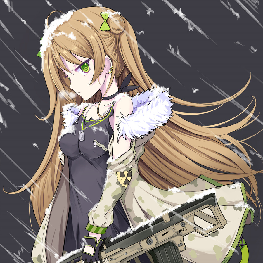 1girl, ahoge, assault_rifle, bangs, black_gloves, blush, bow, breasts
