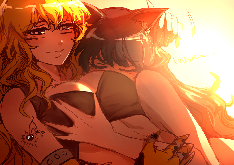 2girls, black_hair, blake_belladonna, blonde_hair, breast_grab, breasts, cherry_in_the_sun, cleavage, closed_eyes, grabbing, hug, large_breasts, long_hair, lying, midriff, multiple_girls, on_back, on_side, prosthesis, prosthetic_arm, rwby, smile, tank_top, topless, violet_eyes, yang_xiao_long, yuri