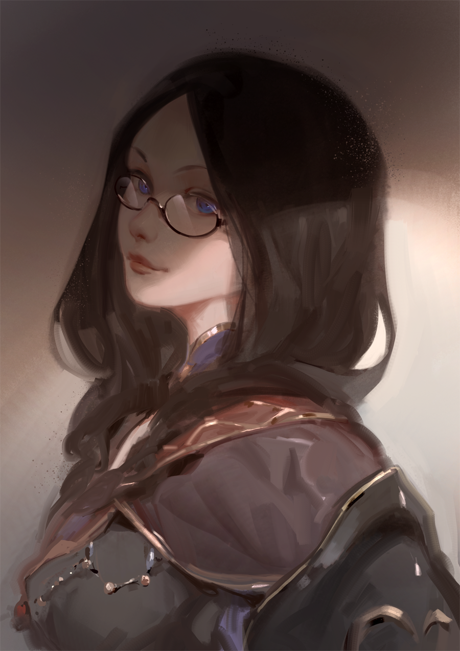 1girl, bangs, black-framed_eyewear, black_hair, blue_eyes, capelet, closed_mouth, fate/grand_order