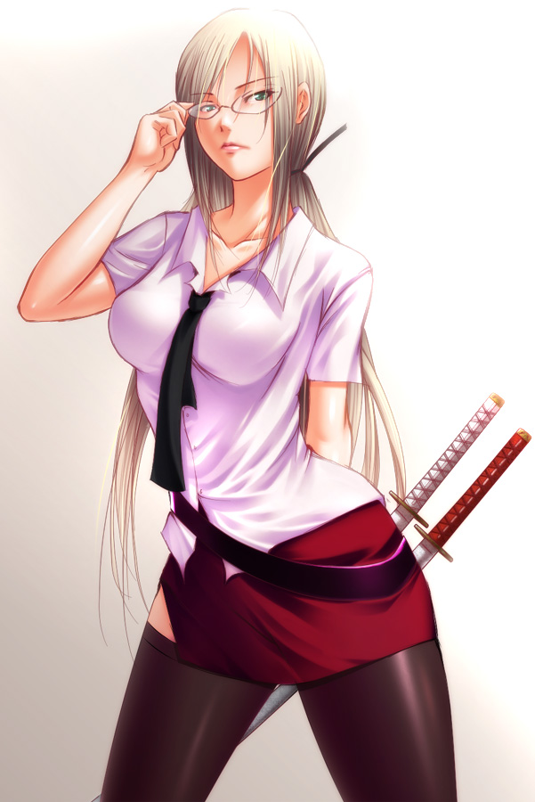bad_id, blonde_hair, glasses, green_eyes, hair_ornament, long_hair, miniskirt, mogu, necktie, shikabane_hime, skirt, sword, thigh-highs, thighhighs, todoroki_kamika, twintails, weapon, zettai_ryouiki