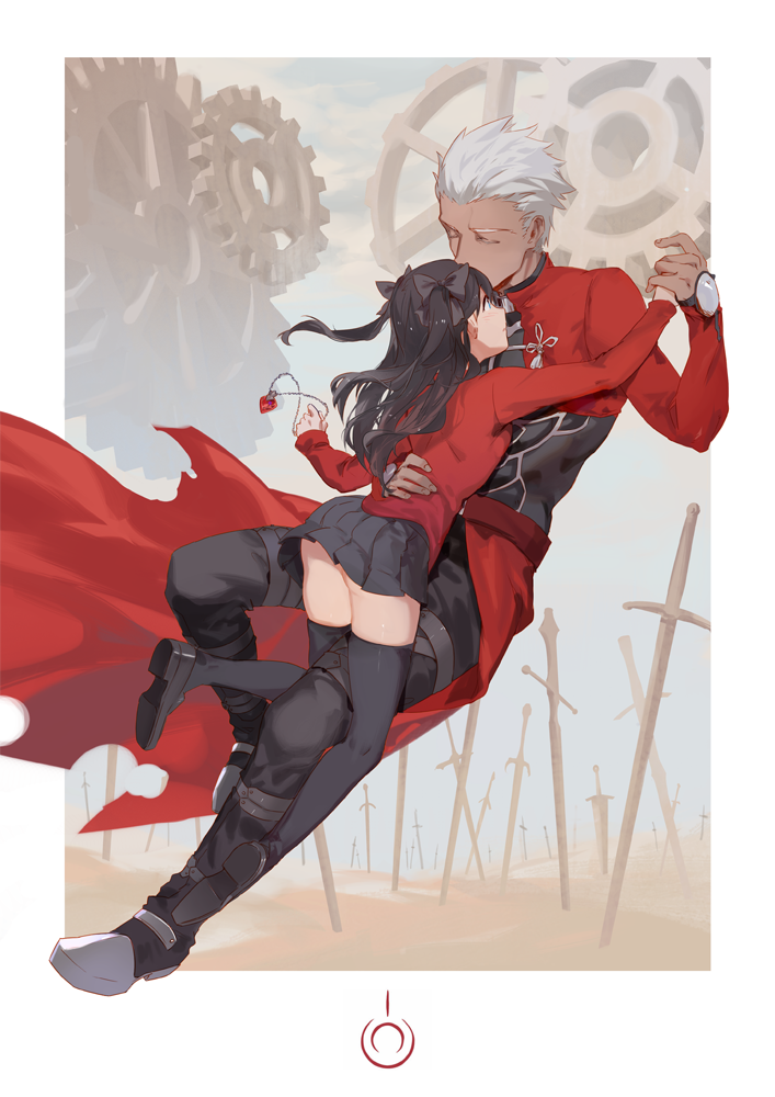 1boy, 1girl, archer, black_footwear, black_hair, black_legwear, black_pants, black_skirt