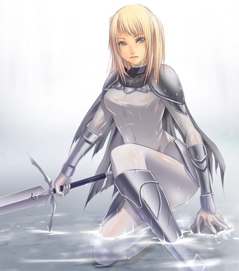blonde_hair, blue_eyes, bodysuit, boots, claymore, claymore_(sword), dietrich, knee_boots