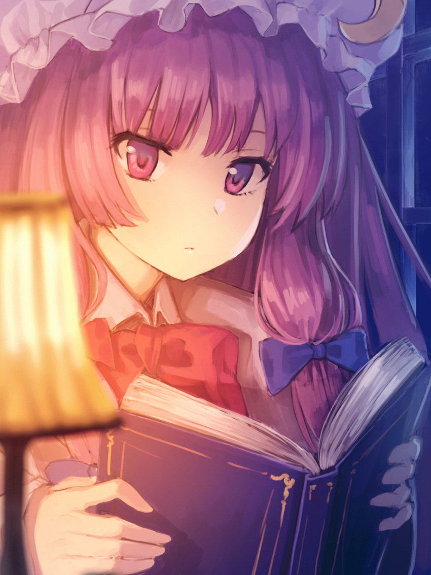 1girl, blurry, book, bow, crescent, crescent_moon_pin, depth_of_field, frown