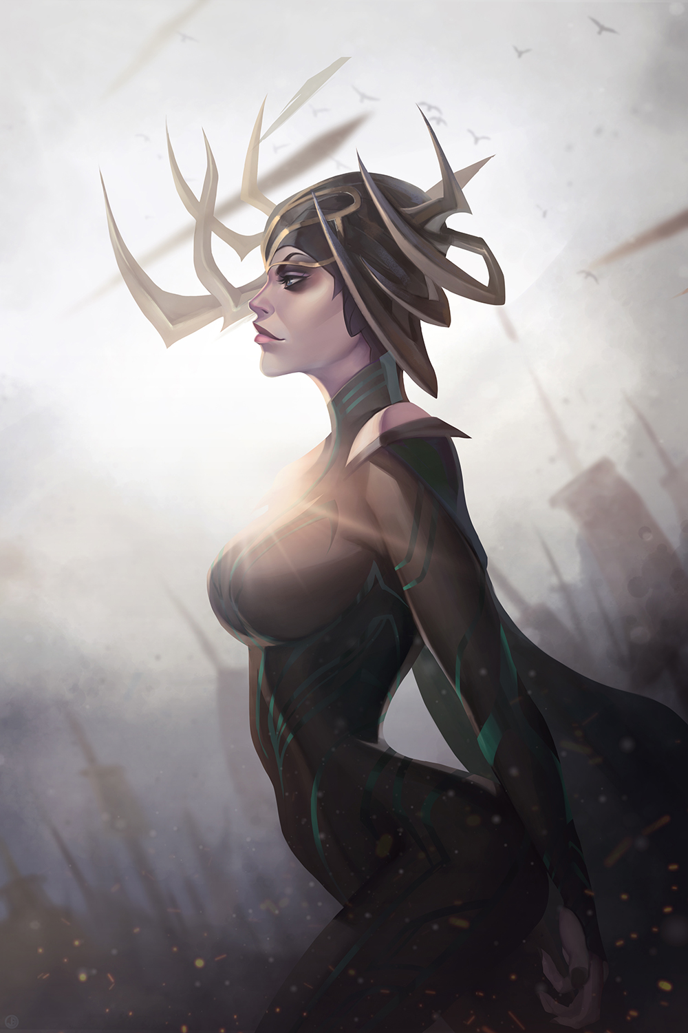 1girl, arched_back, blue_eyes, breasts, cape, eyeshadow, from_side, hela_(marvel)