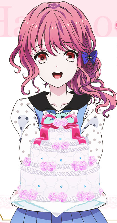 10s, 1girl, bonjour_koiaji_patisserie, cake, haruno_sayuri, holding_cake, long_hair, looking_at_viewer, neck_ribbon, official_art, open_mouth, overalls, pink_eyes, pink_hair, polka_dot, ponytail, ribbon, simple_background, solo, white_shirt