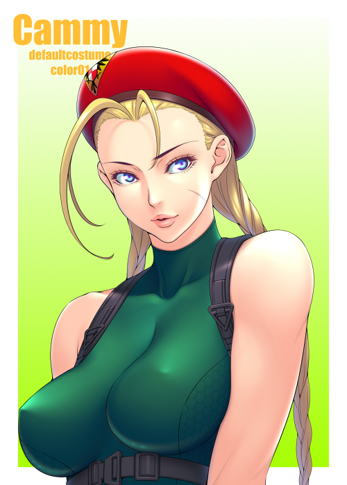 1girl, bare_shoulders, beret, blonde_hair, blue_eyes, breasts, cammy_white, character_name, erect_nipples, hat, ken19941028, long_hair, parted_lips, scar, solo, street_fighter, street_fighter_v, upper_body