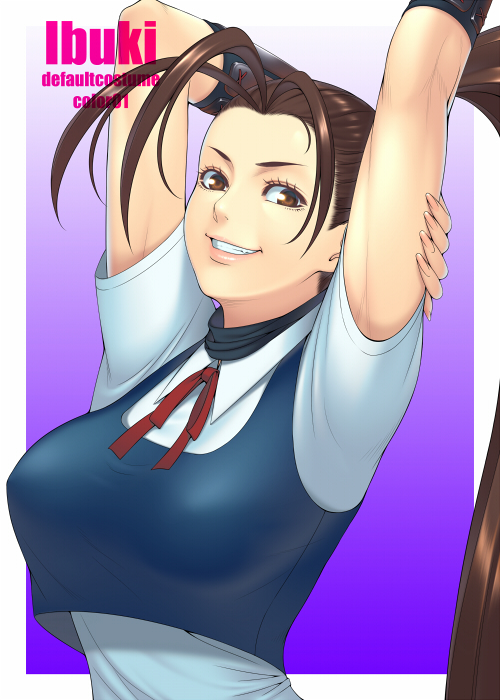 1girl, arms_up, breasts, brown_eyes, brown_hair, character_name, grin, ibuki_(street_fighter)