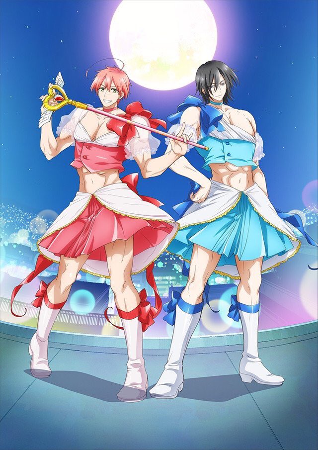 2boys, ahoge, black_hair, genderswap, genderswap_(ftm), hand_on_hip, key_visual, magical_boy