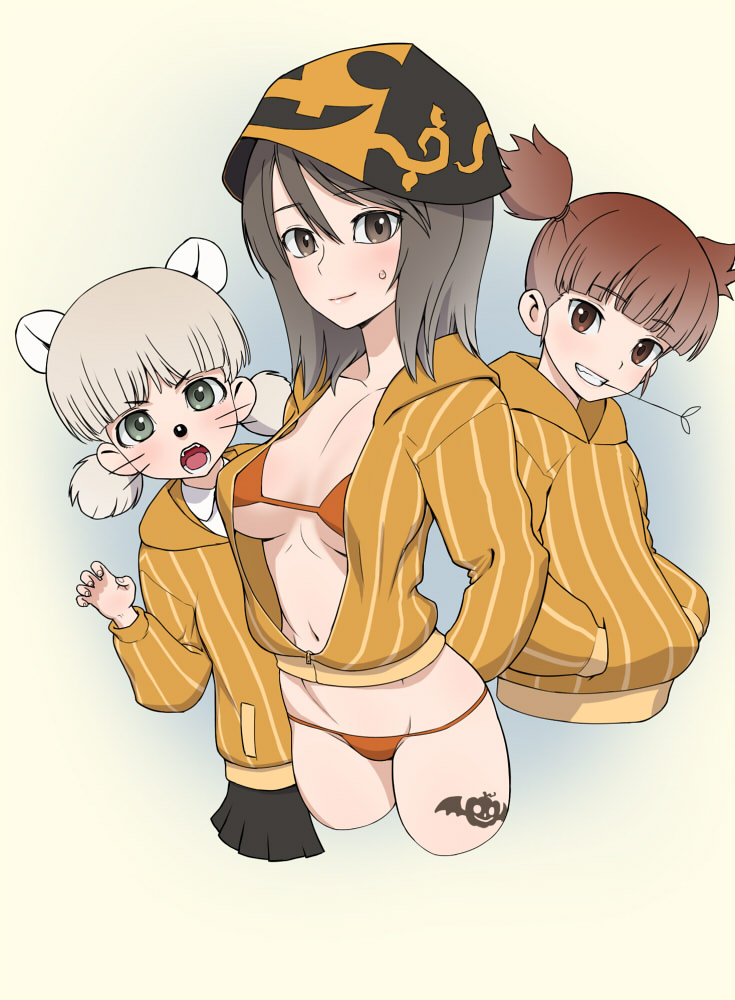 3girls, aki_(girls_und_panzer), animal_ears, arms_behind_back, bangs, bat_wings, bikini, black_skirt, blunt_bangs, breasts, brown_eyes, brown_hair, collared_shirt, cropped_legs, cropped_torso, eyebrows_visible_through_hair, fangs, girls_und_panzer, green_eyes, grin, halloween, hands_in_pockets, hat, hood, hoodie, jack-o'-lantern, jacket, leg_tattoo, light_brown_hair, long_hair, looking_at_viewer, medium_breasts, mika_(girls_und_panzer), mikko_(girls_und_panzer), miniskirt, mouse_ears, mouse_nose, mouth_hold, multiple_girls, navel, open_clothes, open_jacket, orange_hat, orange_shirt, pleated_skirt, red_bikini, red_eyes, redhead, shirt, short_hair, short_twintails, skirt, smile, stalk_in_mouth, standing, striped, striped_shirt, sweatdrop, swimsuit, tattoo, twintails, vertical-striped_shirt, vertical_stripes, wata_do_chinkuru, whisker_markings, white_shirt, wings