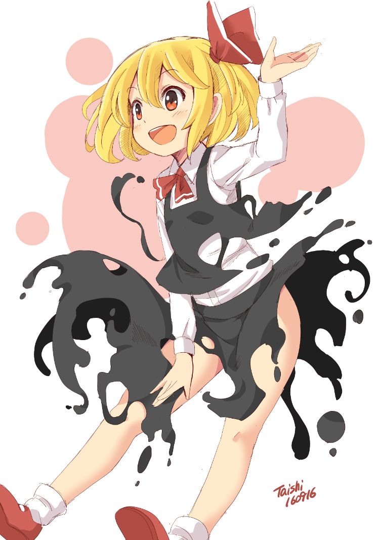 1girl, ascot, black_skirt, blonde_hair, blouse, darkness, hair_ribbon, long_sleeves