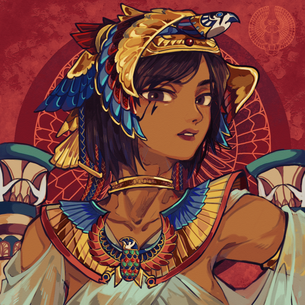 1girl, alternate_costume, black_hair, choker, collarbone, commentary, dark_skin, detached_sleeves, eye_of_horus, eyebrows_visible_through_hair, facial_tattoo, goddess, gorget, headdress, lips, looking_at_viewer, nose, overwatch, pharah_(overwatch), rye-beer, see-through, short_hair, solo, tattoo