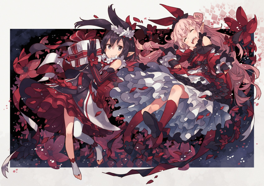 2girls, :d, alternate_costume, bangs, bare_shoulders, barefoot, black_eyes, black_gloves