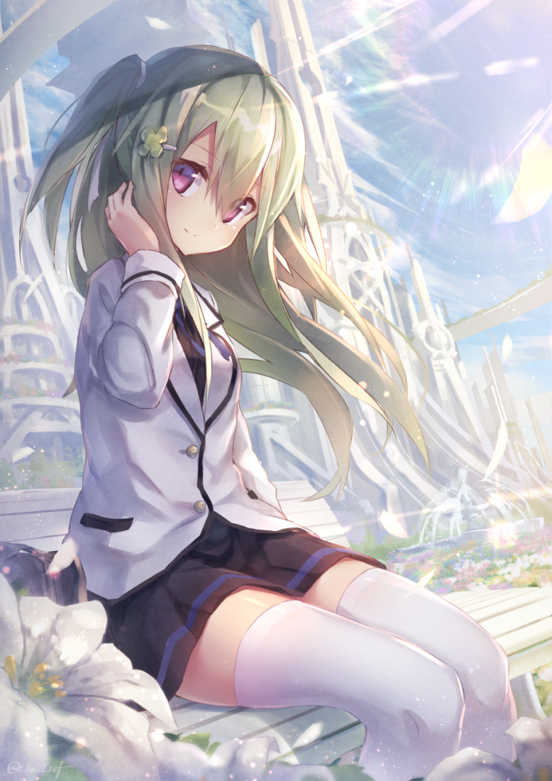 1girl, bag, bangs, bench, black_dress, blazer, blue_ribbon, blue_sky