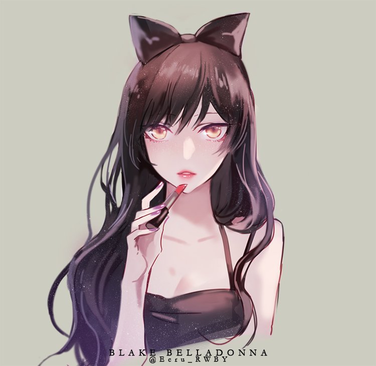 1girl, artist_name, black_dress, black_hair, blake_belladonna, bow, dress, ecru