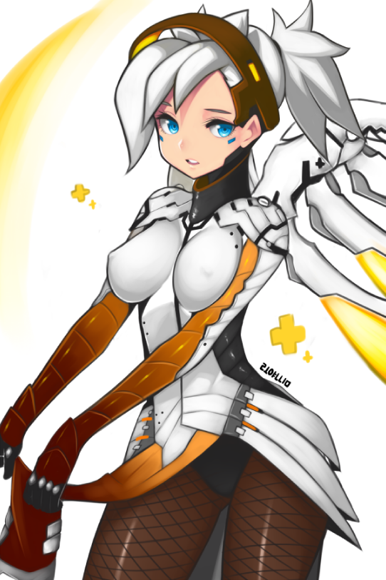 1girl, 1h30min, blue_eyes, bodysuit, breasts, brown_legwear, erect_nipples, facial_mark, fishnet_pantyhose, fishnets, gloves, glowing, glowing_wings, headgear, high_ponytail, impossible_bodysuit, impossible_clothes, large_breasts, lifted_by_self, looking_at_viewer, mechanical_halo, mechanical_wings, mercy_(overwatch), overwatch, pantyhose, parted_lips, pelvic_curtain, solo, white_hair, wings, yellow_wings