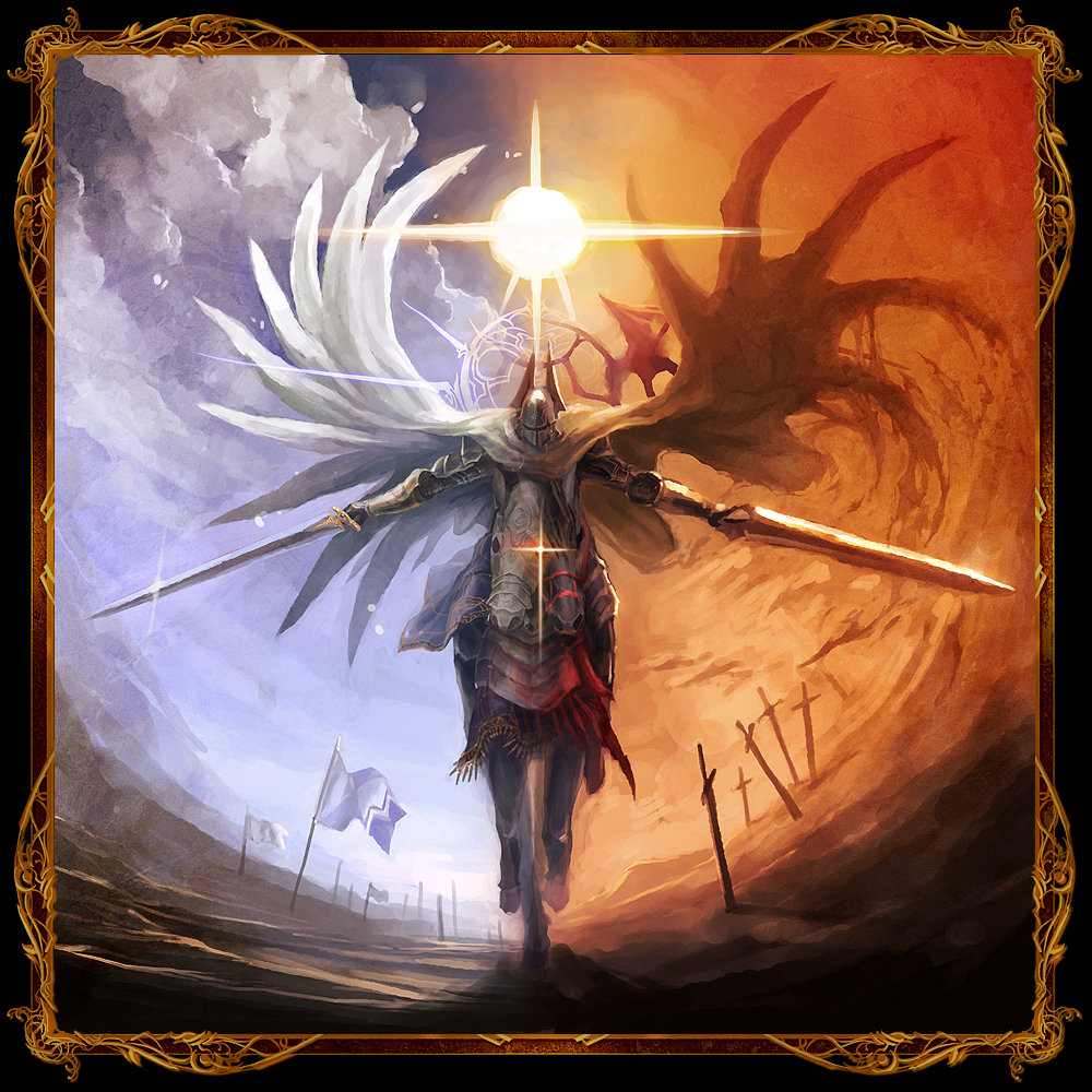 armor, banner, barding, cape, demon_wings, dual_wielding, full_armor, glowing_eye