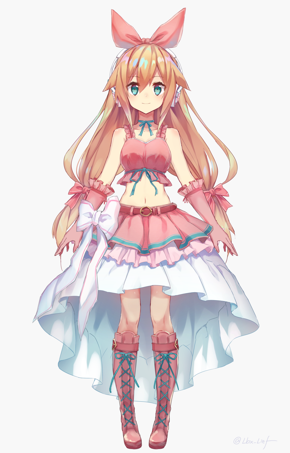 1girl, bangs, bare_shoulders, belt_buckle, blonde_hair, blue_ribbon, blush, boots