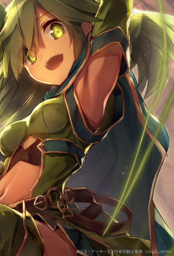 1girl, :d, arm_up, armpits, bangs, blue_cape, blue_skirt, breasts