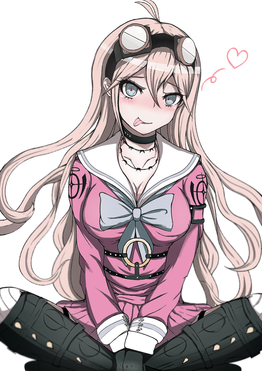 1girl, absurdres, ahoge, baka_(080127), barbed_wire, blonde_hair, blue_eyes, blush, breasts, choker, cleavage, dangan_ronpa, fingerless_gloves, gloves, goggles, goggles_on_head, heart, highres, indian_style, iruma_miu, long_hair, new_dangan_ronpa_v3, pleated_skirt, school_uniform, sitting, skirt, solo, tongue, tongue_out