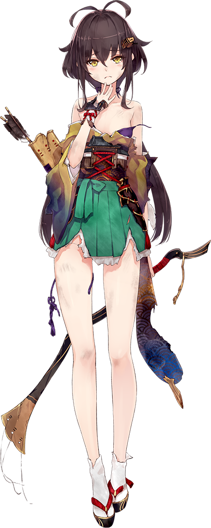 1girl, antenna_hair, arrow, artist_request, bare_shoulders, bow_(weapon), bra, broken_bow