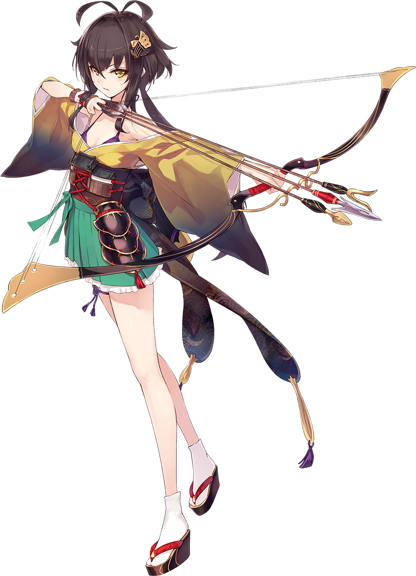 1girl, antenna_hair, arrow, artist_request, bare_shoulders, bow_(weapon), bra, brown_hair